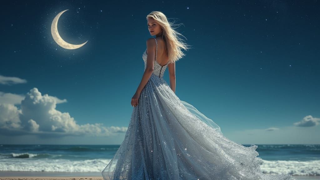 Norwegian Woman in Silver Gown on Summer Beach