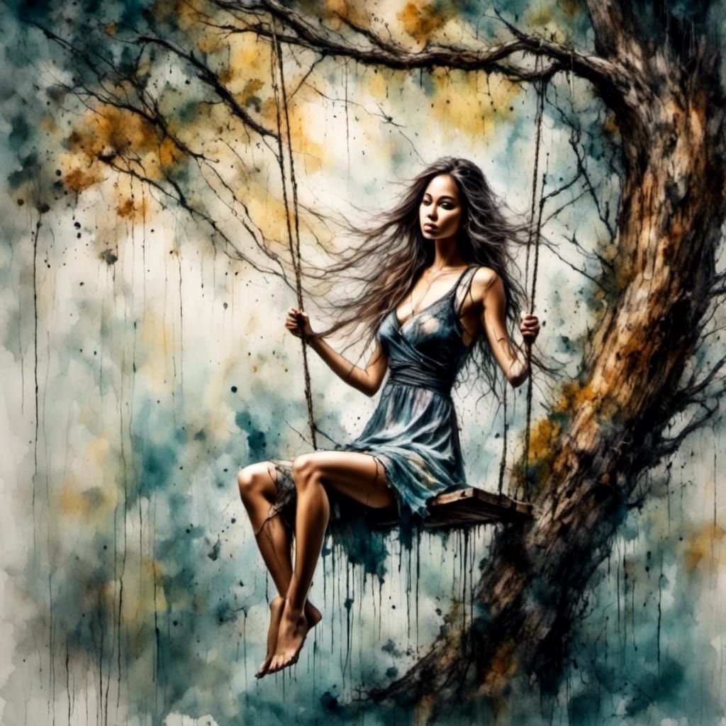 Dreamy Woman on Swing: Impressionist Watercolor