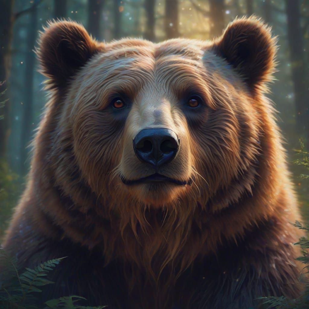 Mystic Bear in Ethereal Forest: Vibrant Oil Painting