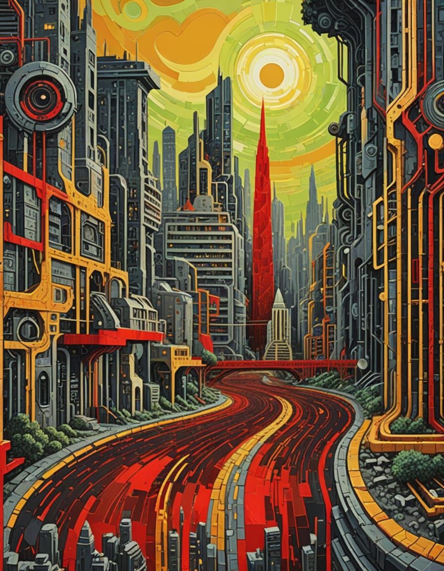 Post-Apocalyptic Metropolis Painting with Egyptian and Roman...