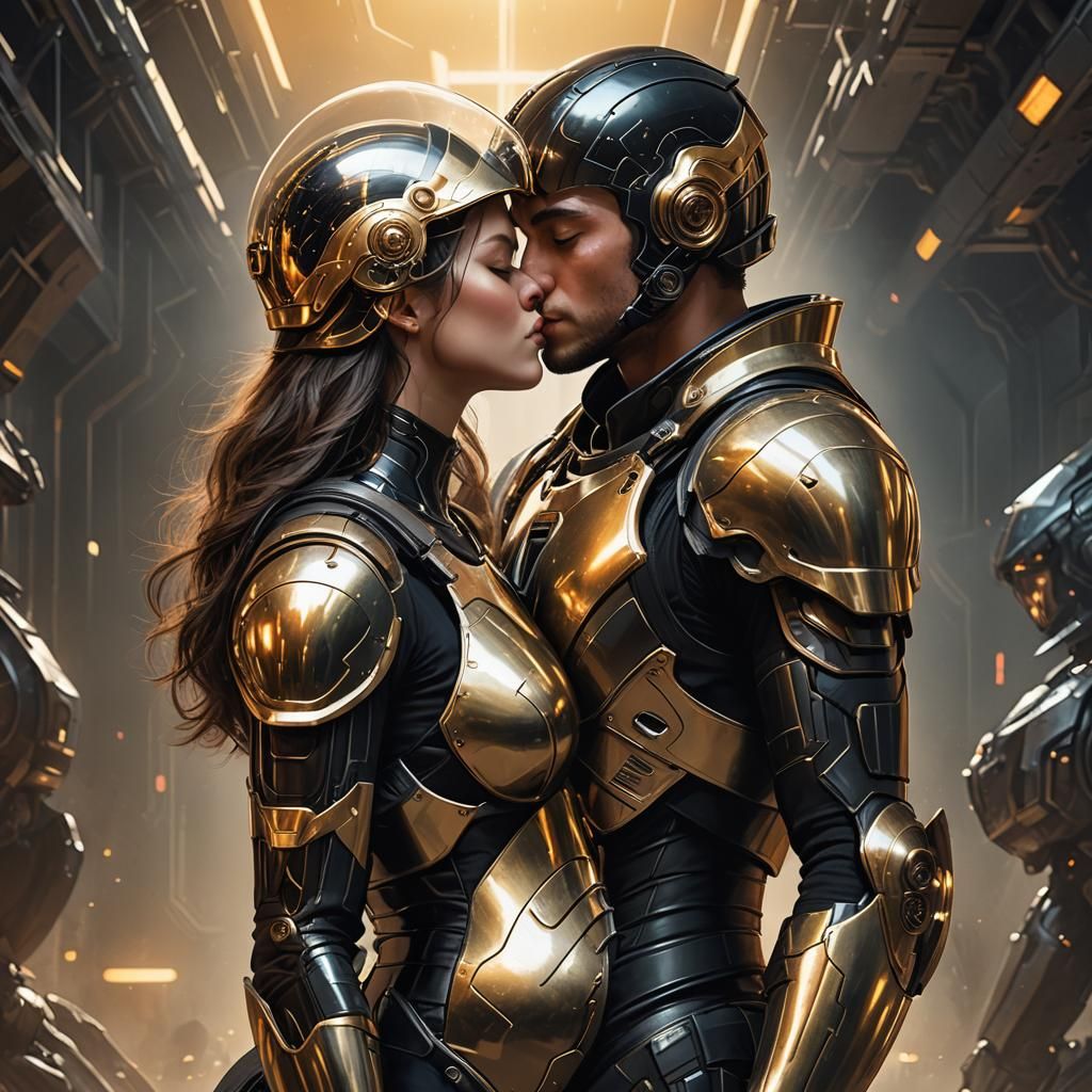 Sci-Fi Kiss: Pregnant Woman and Armored Man