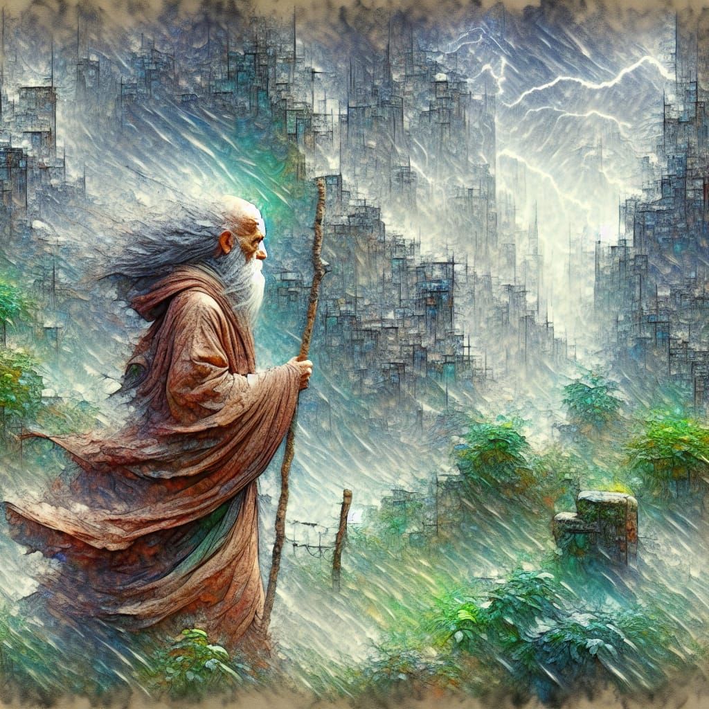 Monk in Storm: Watercolor Garden Landscape