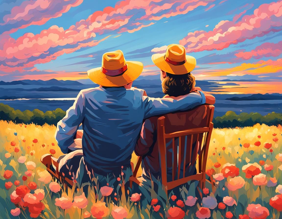 Romantic Couple Under Sunset in Impressionist Style