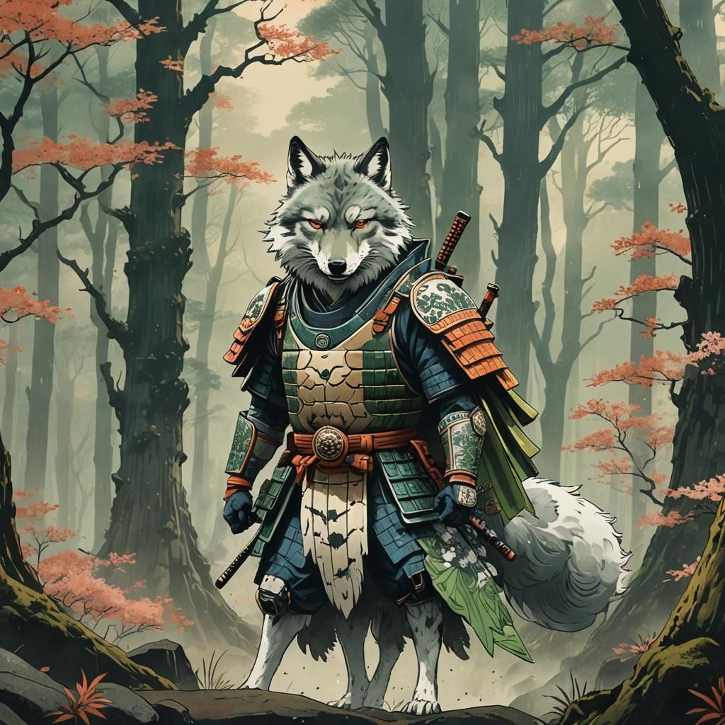 Wolf Samurai in Japanese Woodblock Print Style