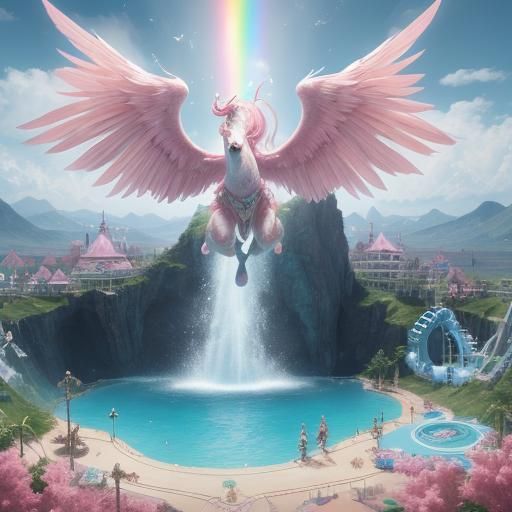 Pink-Winged Unicorn Flies Above Water Park