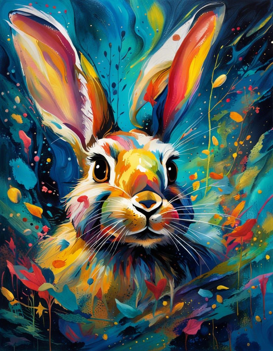 Rabbit Hopping in Whimsical Forest as Oil Painting