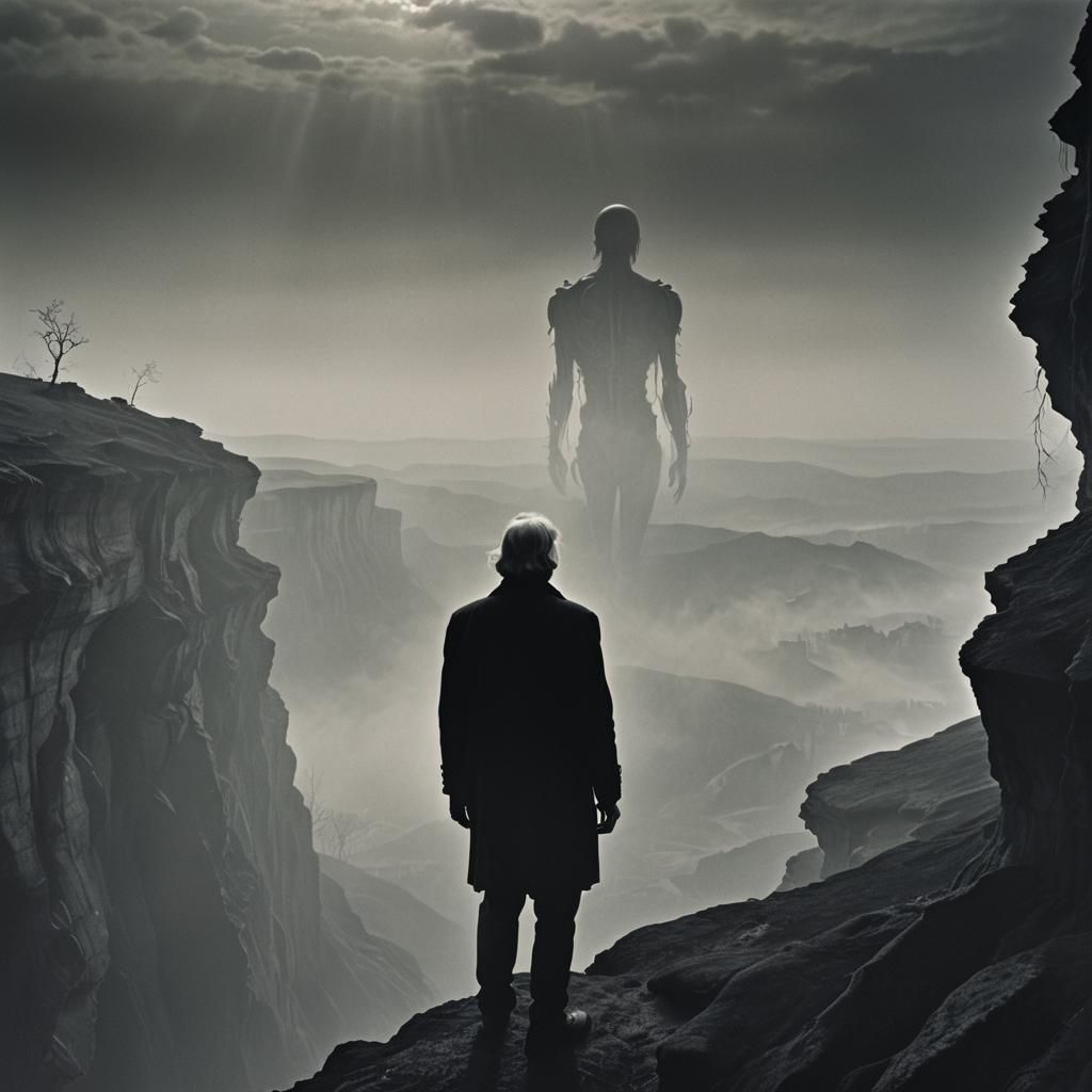 Eerie Surrealism: Figure on Cliff Edge in Mist