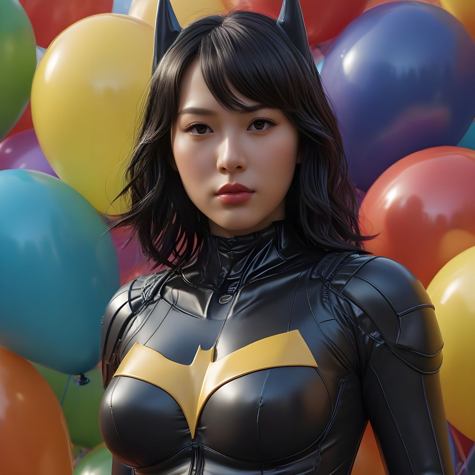 Busty Korean Bat-Woman in Rubber Suit with Balloons