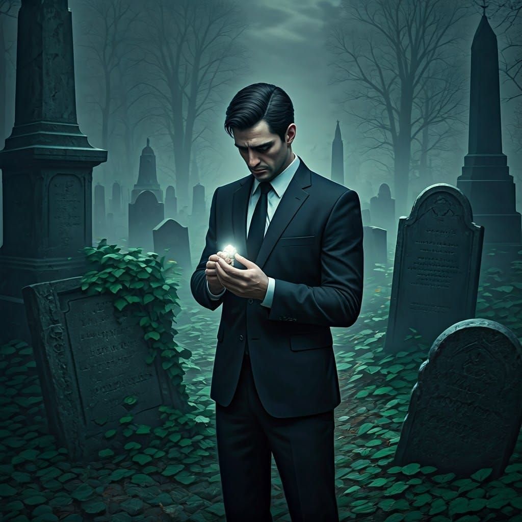 Sorrowful Man with Diamond Ring in Cemetery