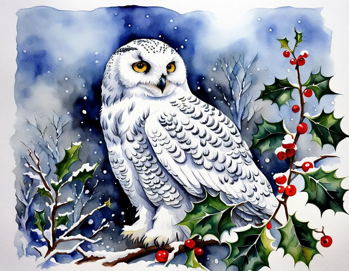 Snowy Owl in Winter Garden: Aquarelle Art