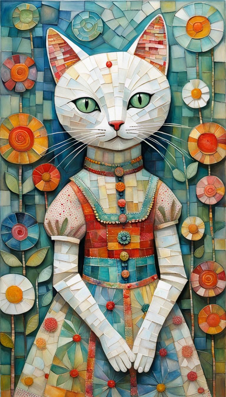 White Cat in Summer Dress, Encaustic Art