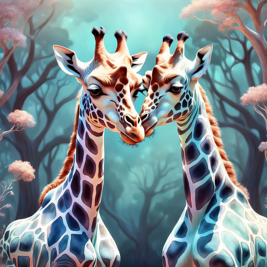 Two Giraffes Embrace in Whimsical Pastel Fantasy