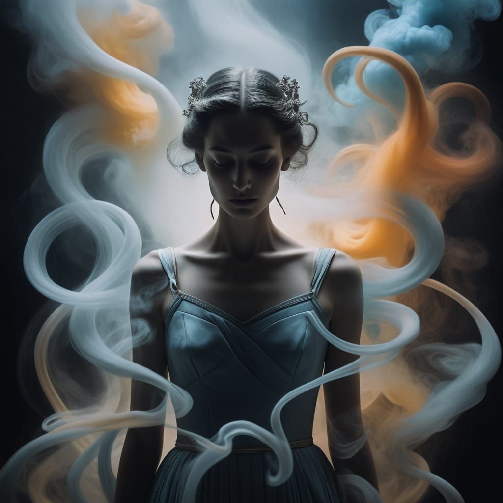Serene Woman Amidst Ethereal Smoke
