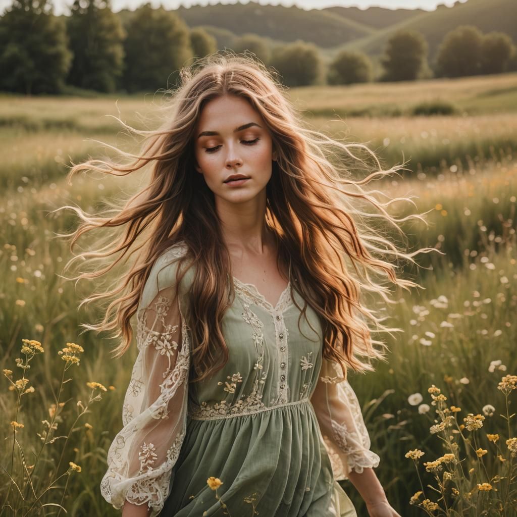 Girl with Flowing Hair in Meadow: Dreamy Photography