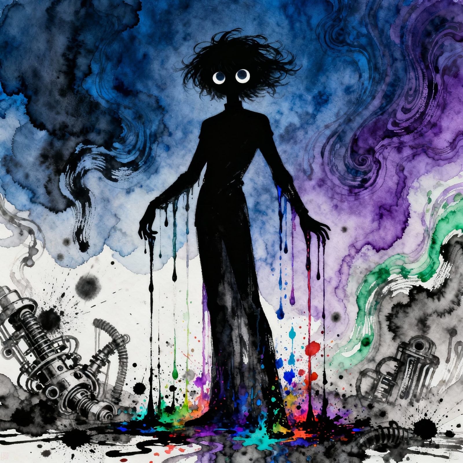 Mysterious Figure in Ethereal Realm of Liquid Colors