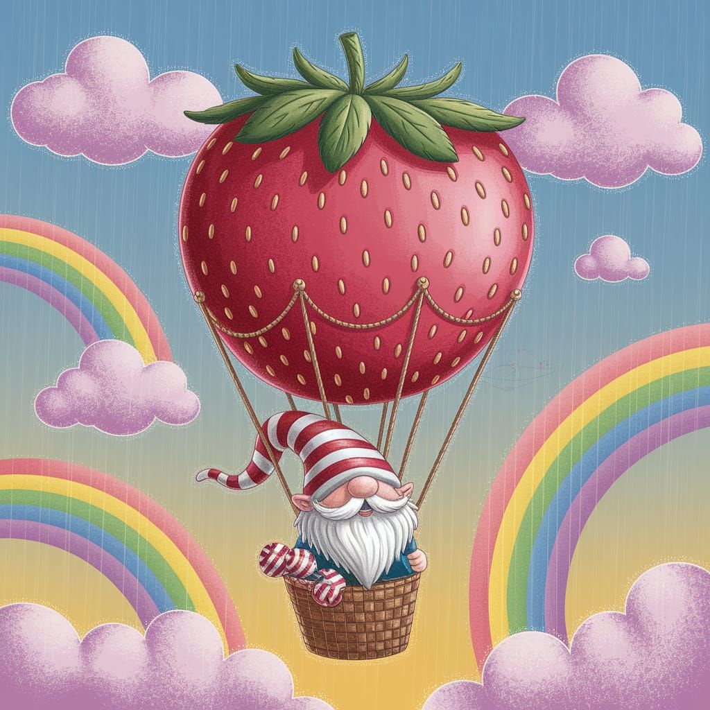 Strawberry Balloon Soars Through Cotton Candy Sky