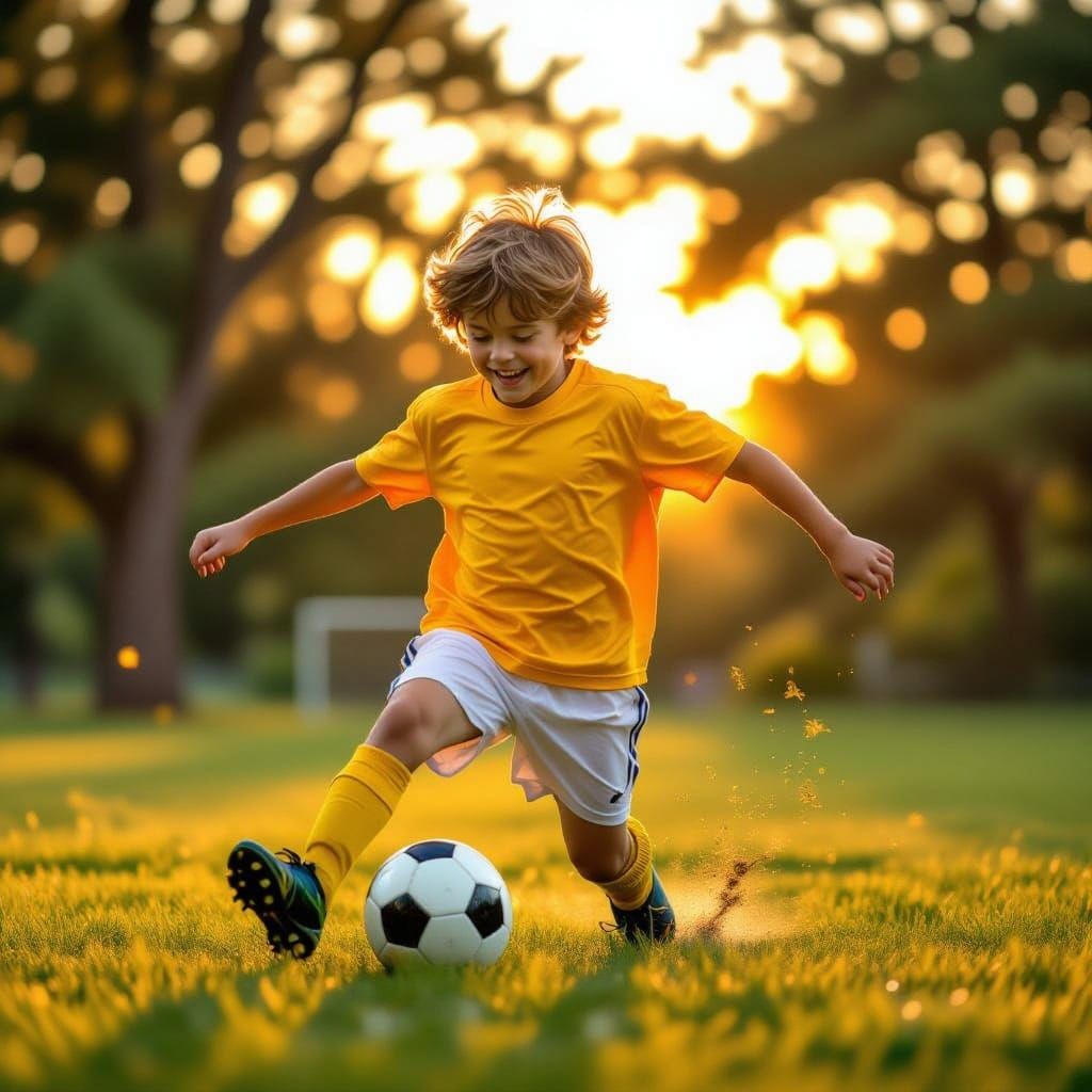 Boy Kicks Football in Golden Hour, Summer Magic