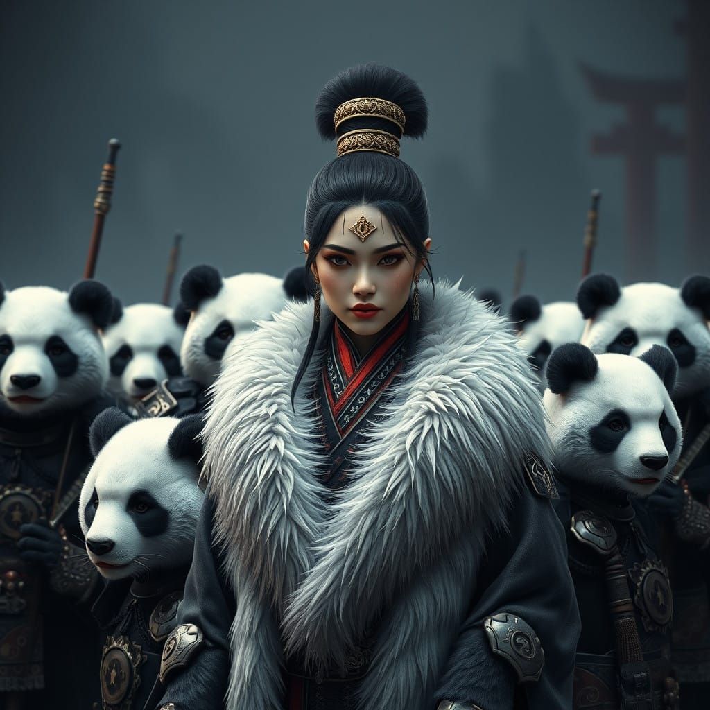 Japanese Warrior Queen with Panda Legion in Hyperrealistic F...