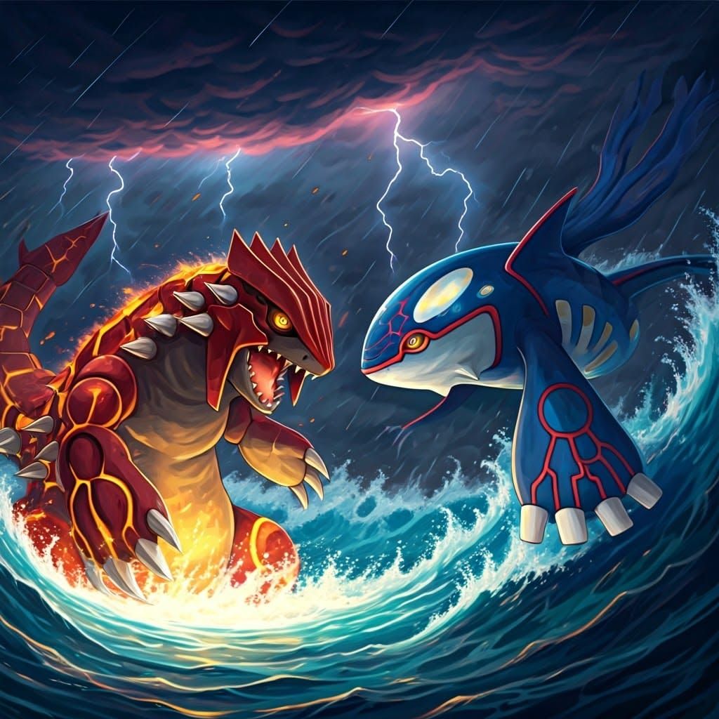 Groudon vs Kyogre: Epic Battle in Stormy Landscape