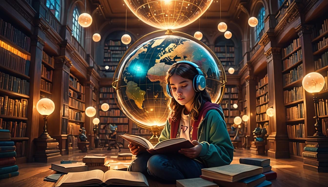 Girl with Glowing Globe in Dreamlike Library