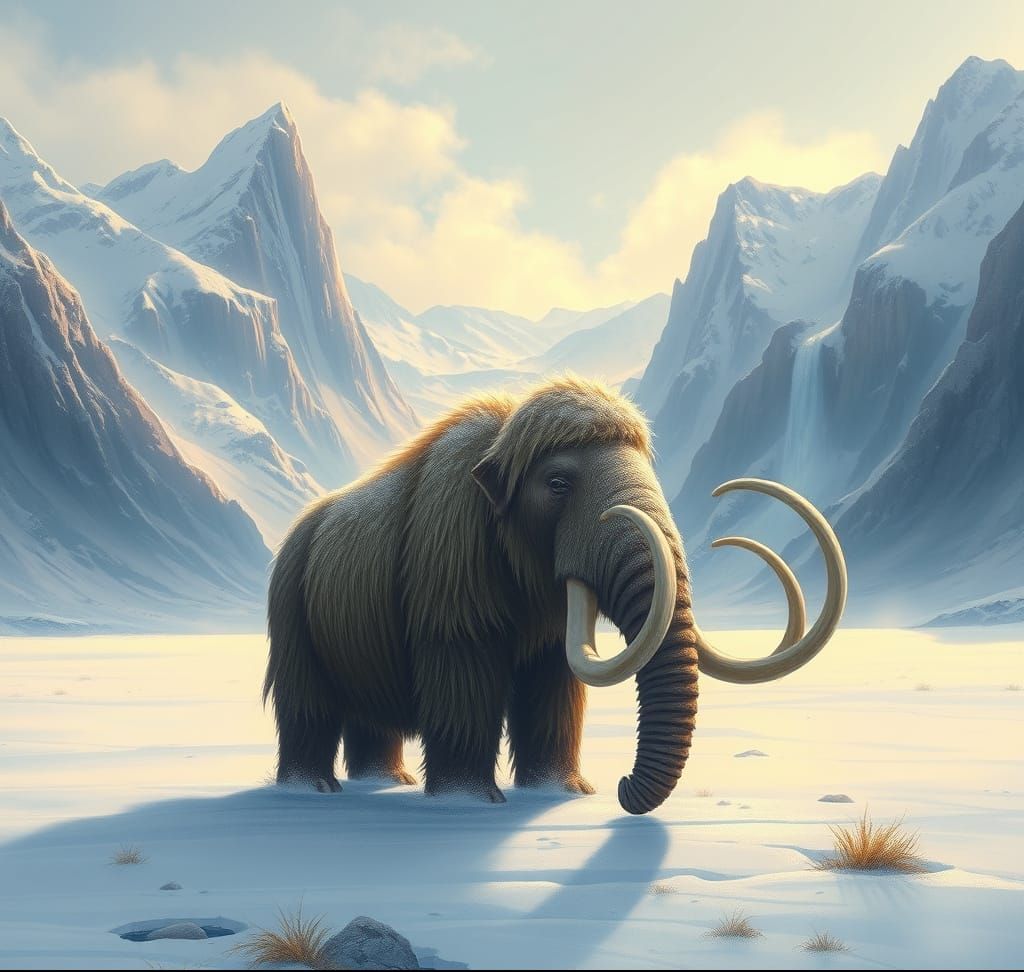 Woolly Mammoth in Snowy Valley, Realistic Style