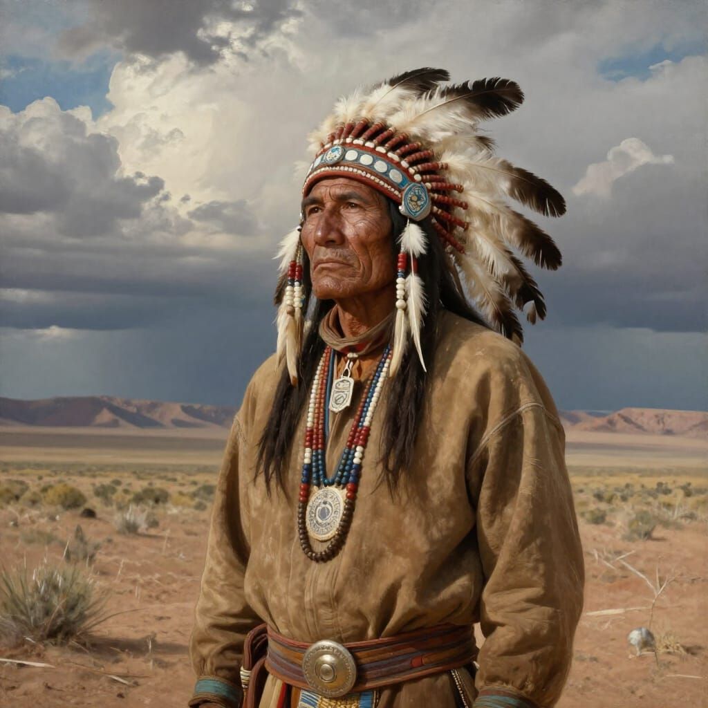 Navajo Chief in Desert Landscape - Western Romanticism Style