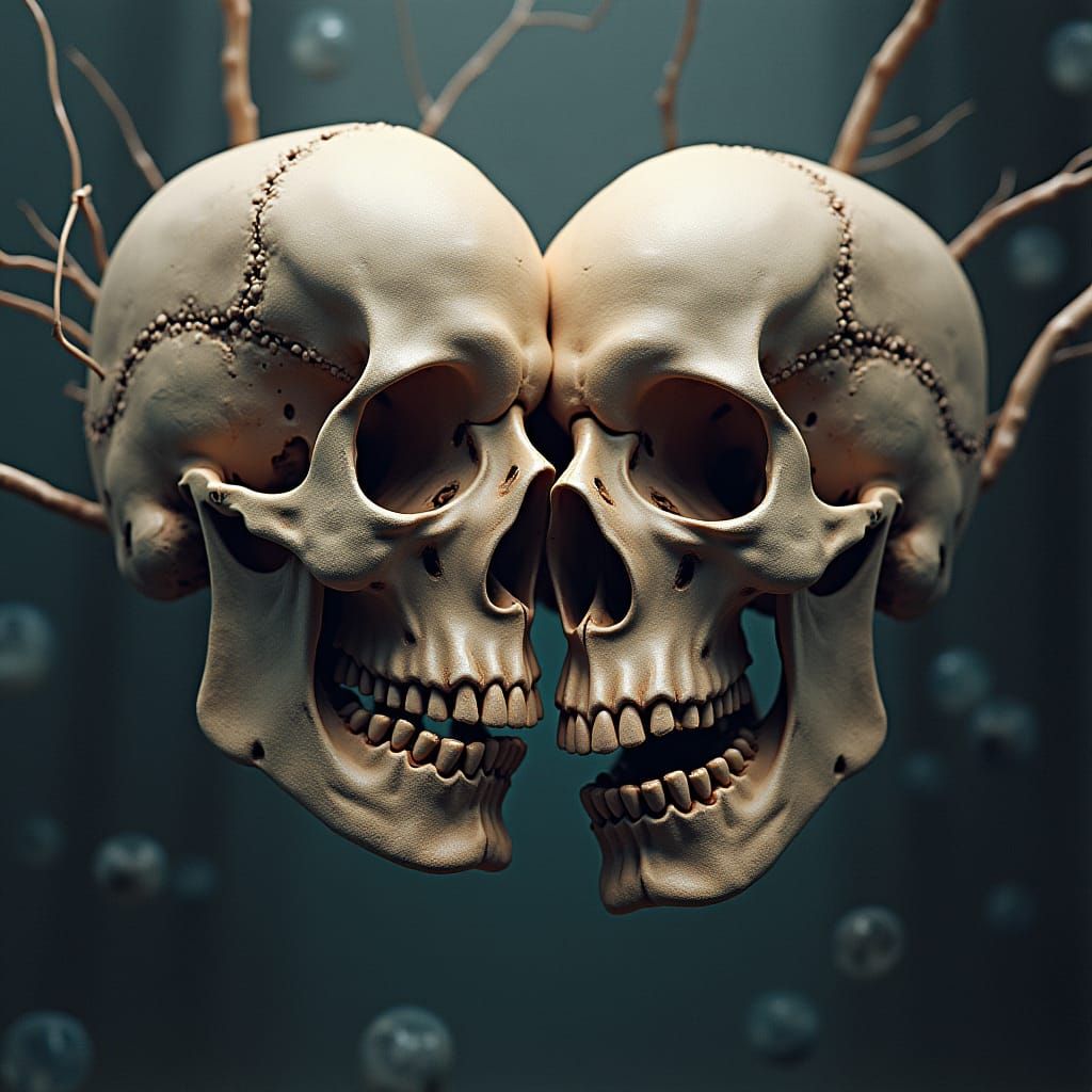 Surreal Skulls Merging in Dreamlike 3D Display