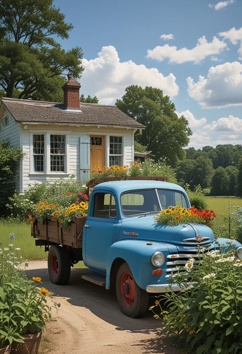 Vibrant Blue Truck Surrounded by Blooming Flowers and Verdan...
