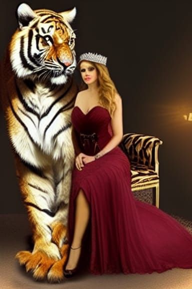 Queen on Throne Petting Tiger: Realistic Art