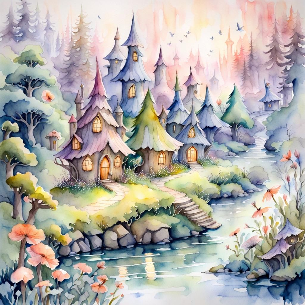 Fairy Fluttering Around a Watercolour Fairy Village