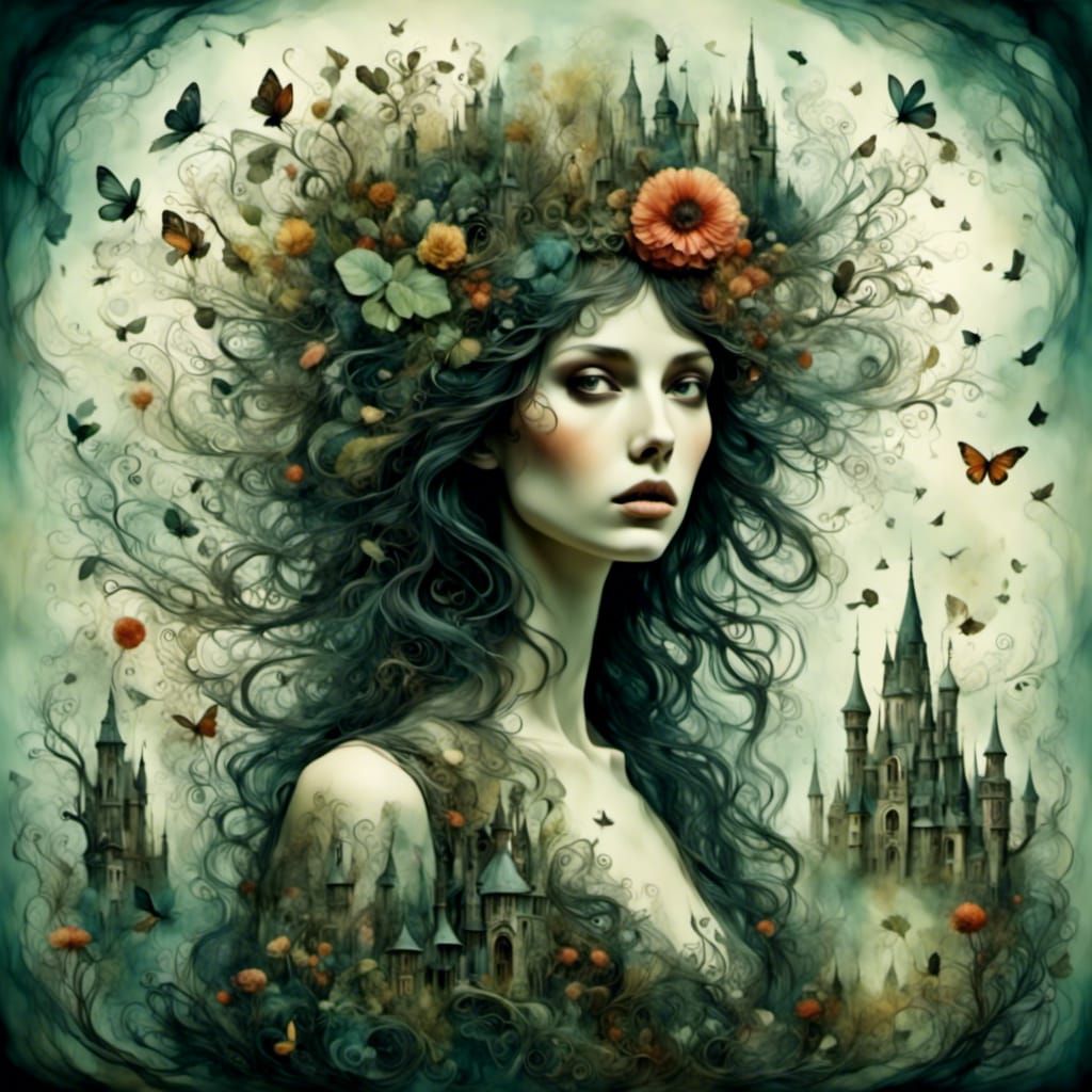 Double Exposure: Woman and Whimsical Fantasy World