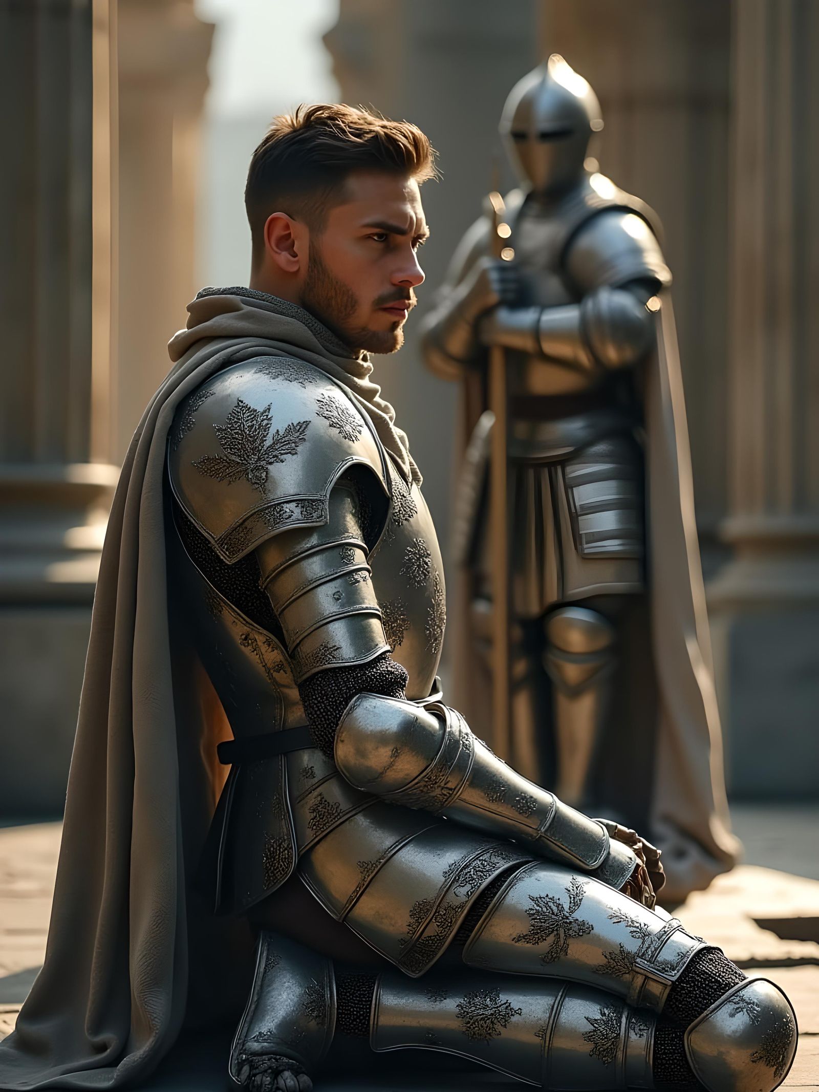 Handsome Knight in Ornate Armor, Hyperrealistic Portrait