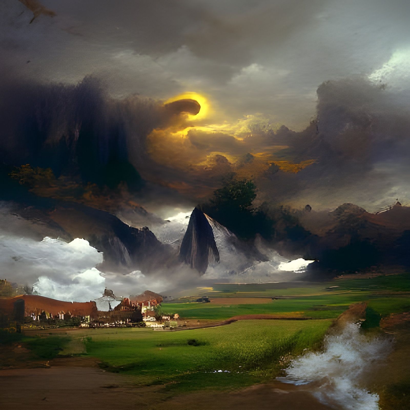 Stormy Village Landscape in Bierstadt Style