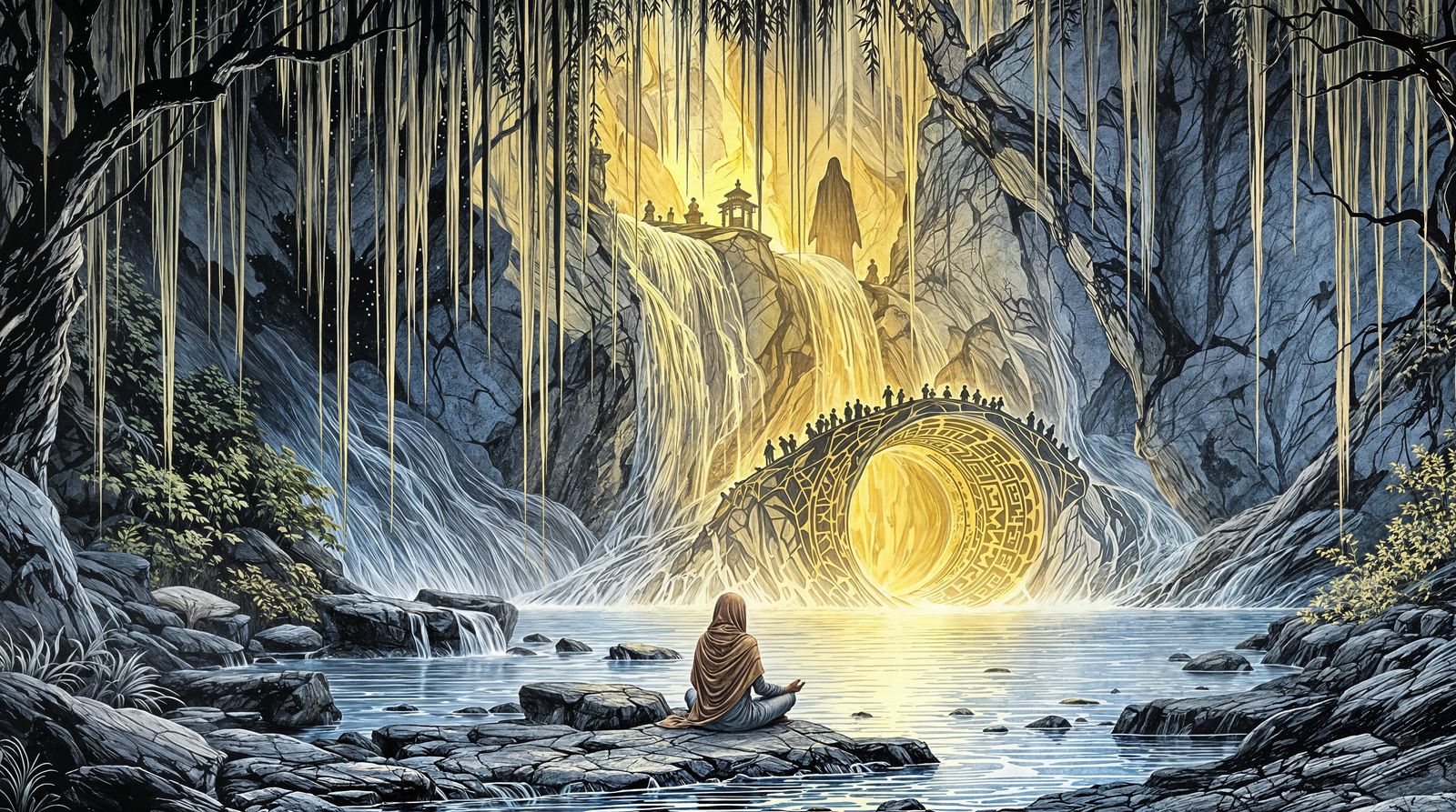 Sacred Waterfall Portal in an Enchanted Forest Sanctuary