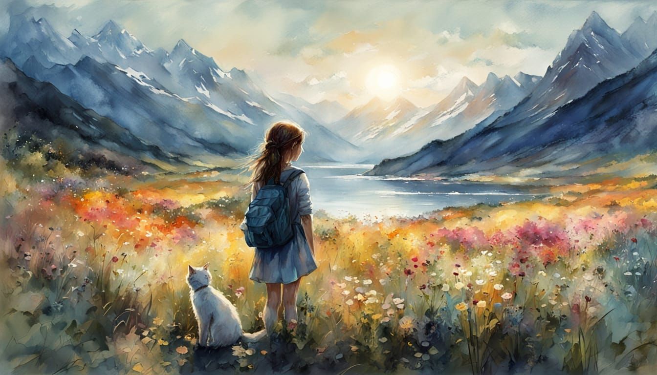 Whimsical Watercolor Scene of Girl, Cat, and Vibrant Landsca...