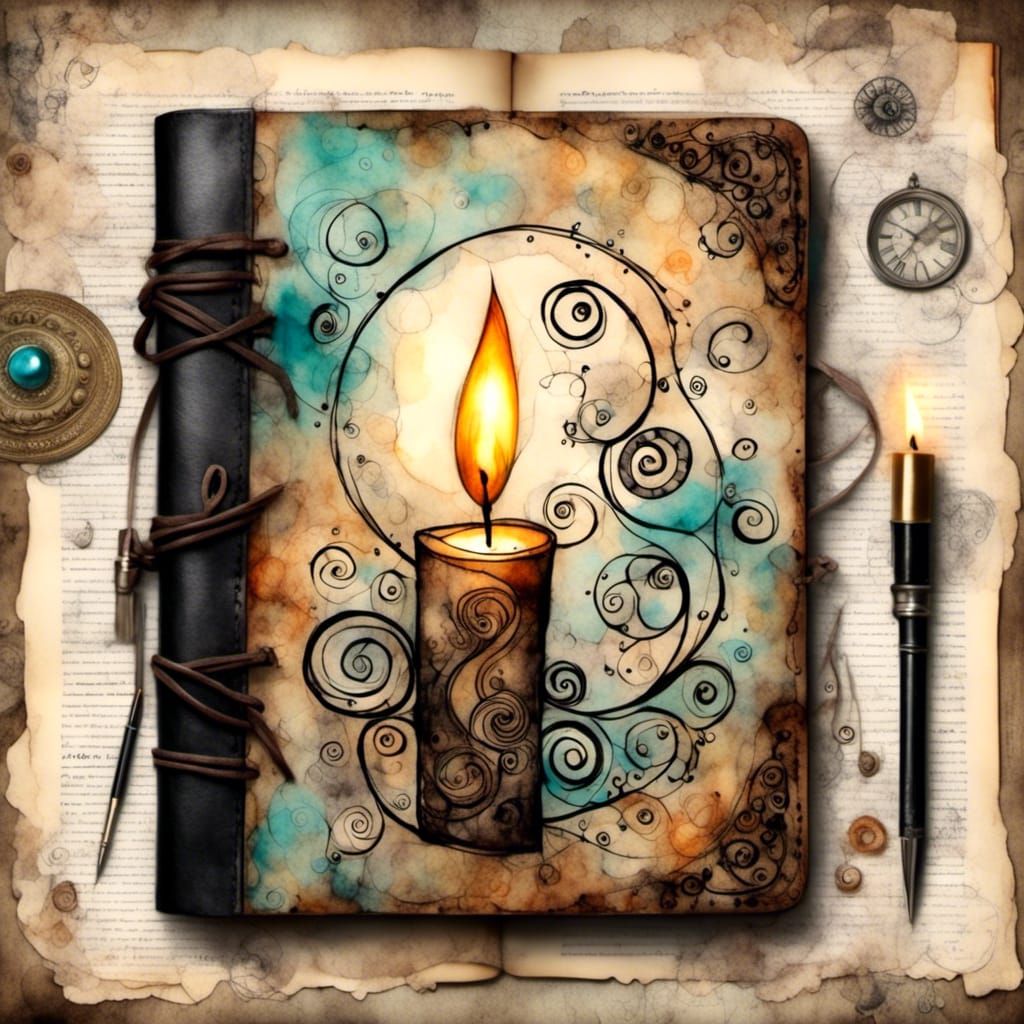 Worn Leather Journal with Candle in Sketchbook Style