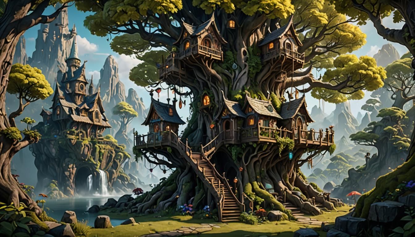 Enchanted Elf Treehouse: Detailed Matte Painting