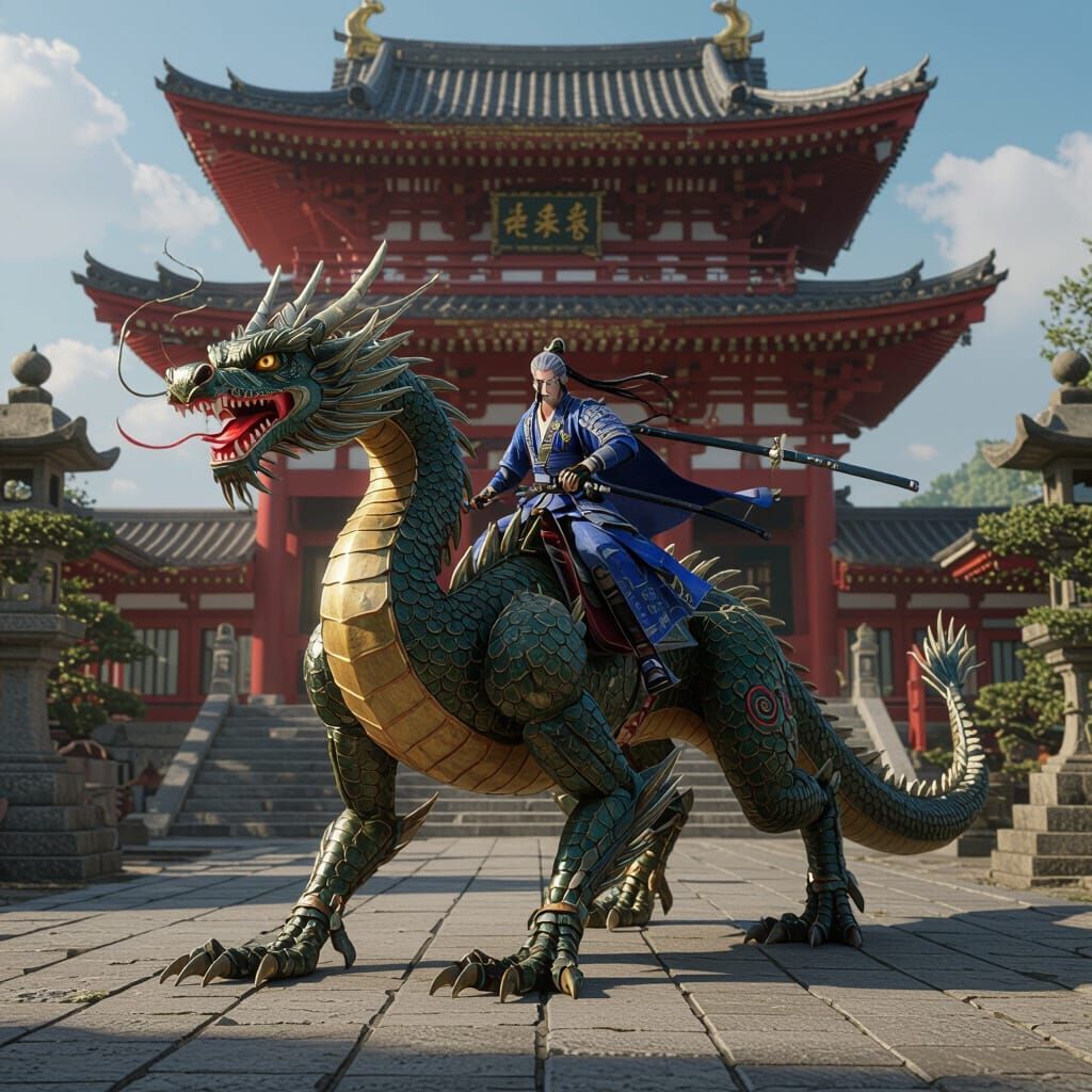 Biomechanical Dragon with Raiden at Ancient Japanese Temple