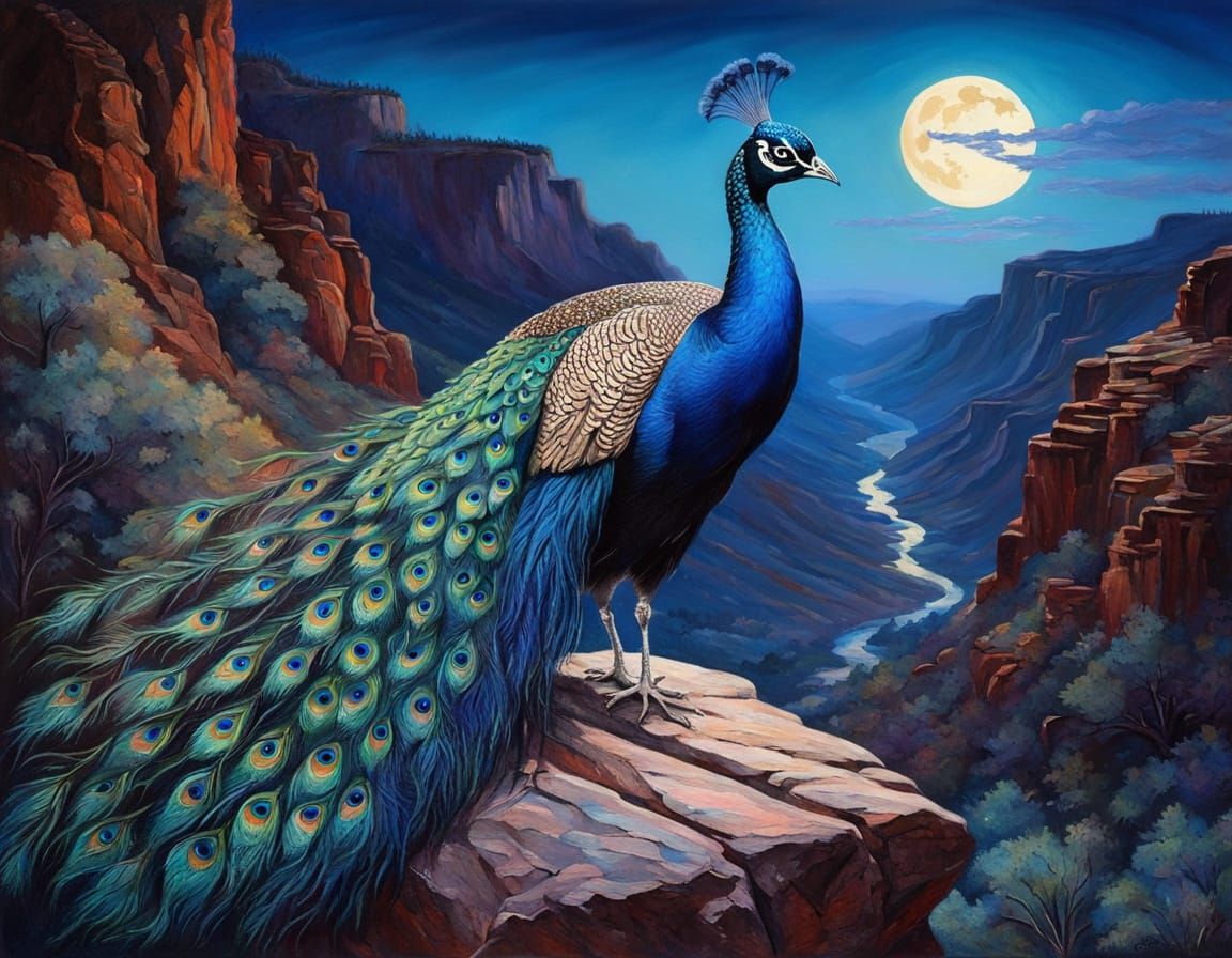 Vibrant Peacock in Majestic Canyon Landscape