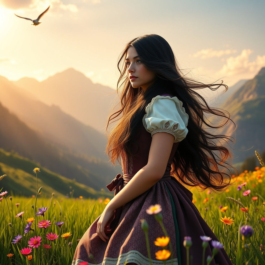 Bavarian Princess in Mountain Landscape, Detailed Matte Pain...