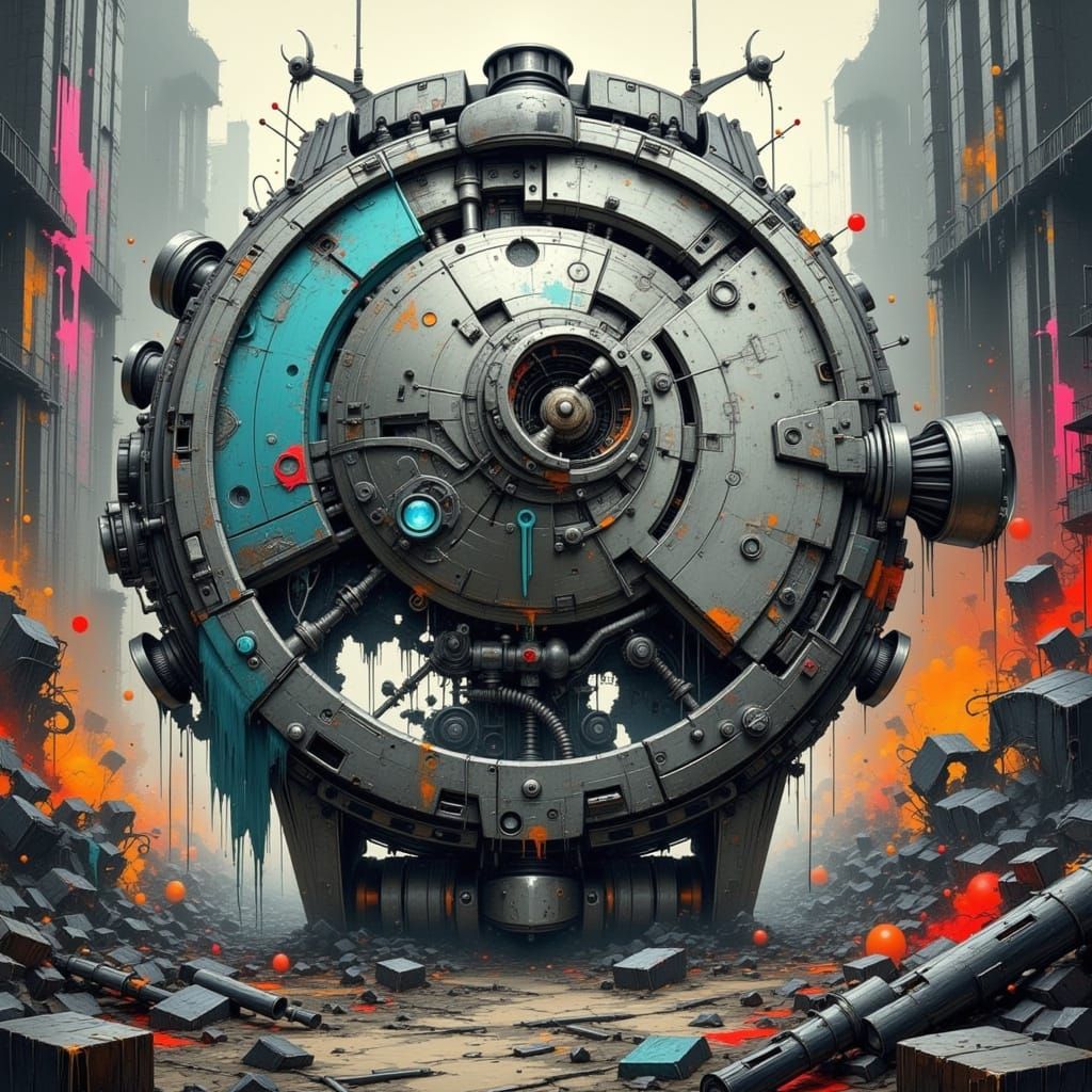 Gargantuan Steel Grey Timepiece in Foggy Ravaged Cityscape