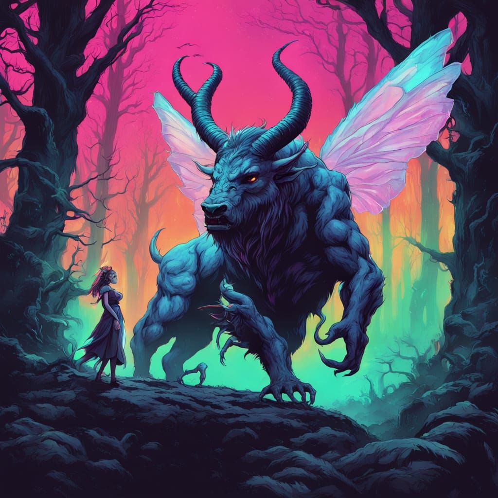 Fairy and Beast in Synthwave Style