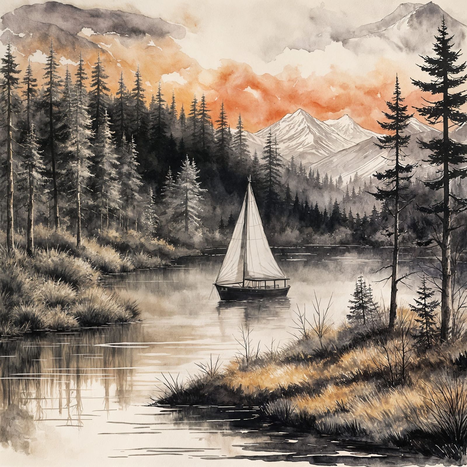 Ink Painting of Sailboat at Alpine Sunrise