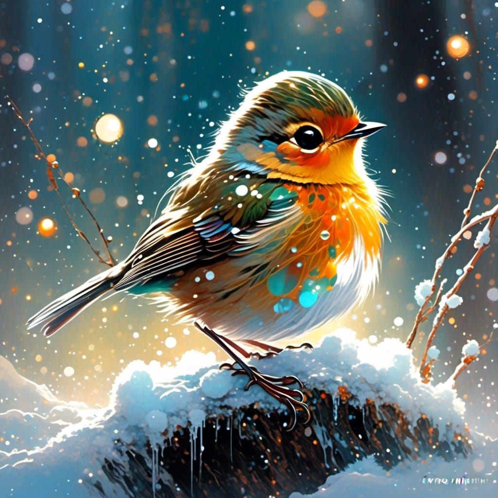 Whimsical Chibi Robin Winter Scene