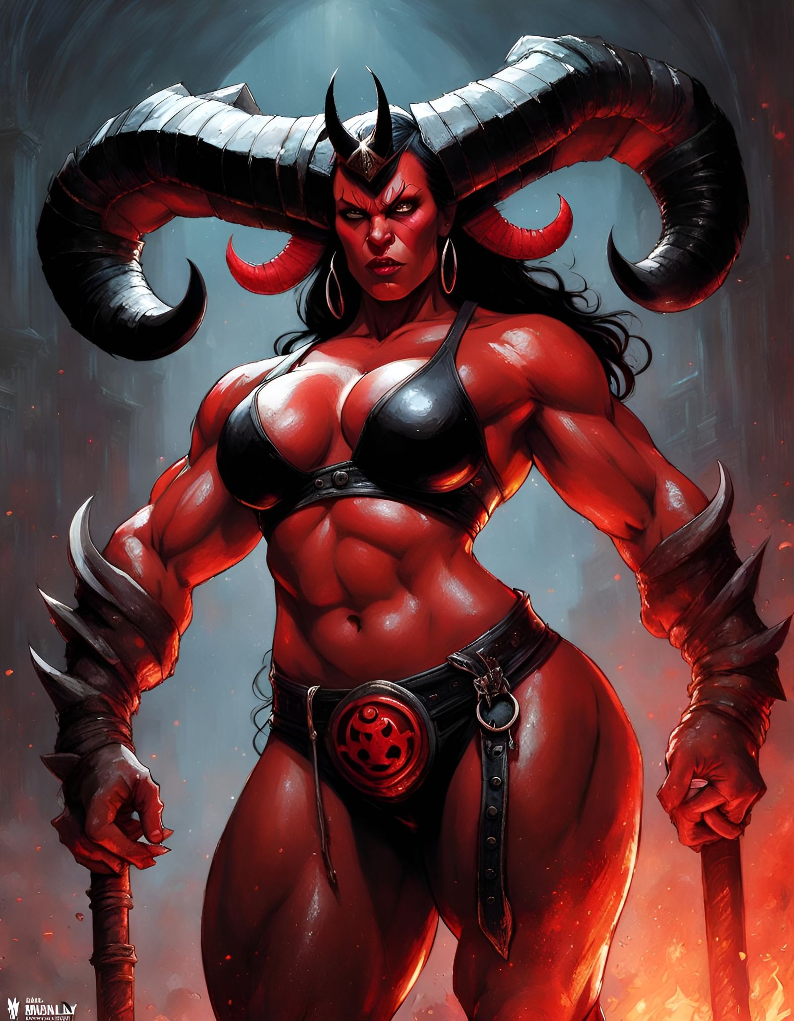 Hellboy Demoness as Muscular Bodybuilder in Caricature Style