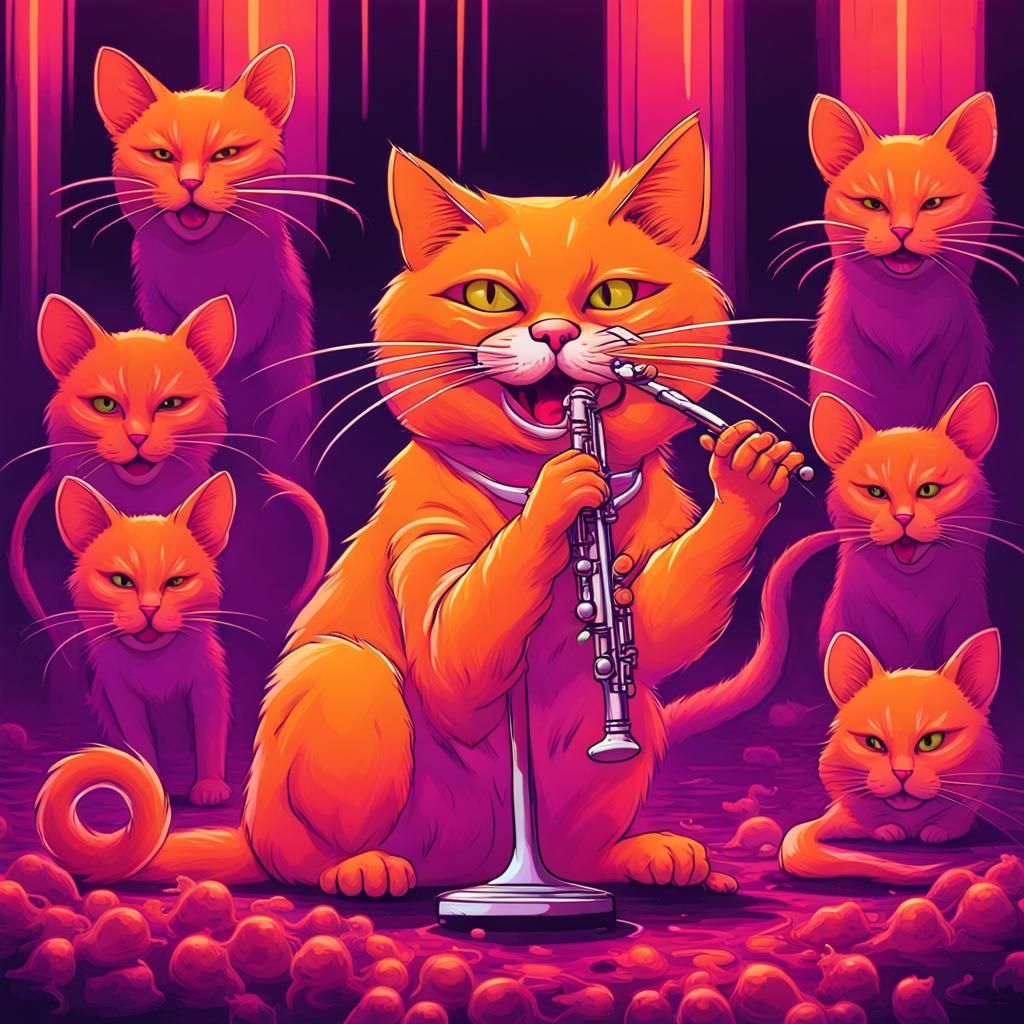 Orange Cat Leads Mice with Flute in Synthwave Style