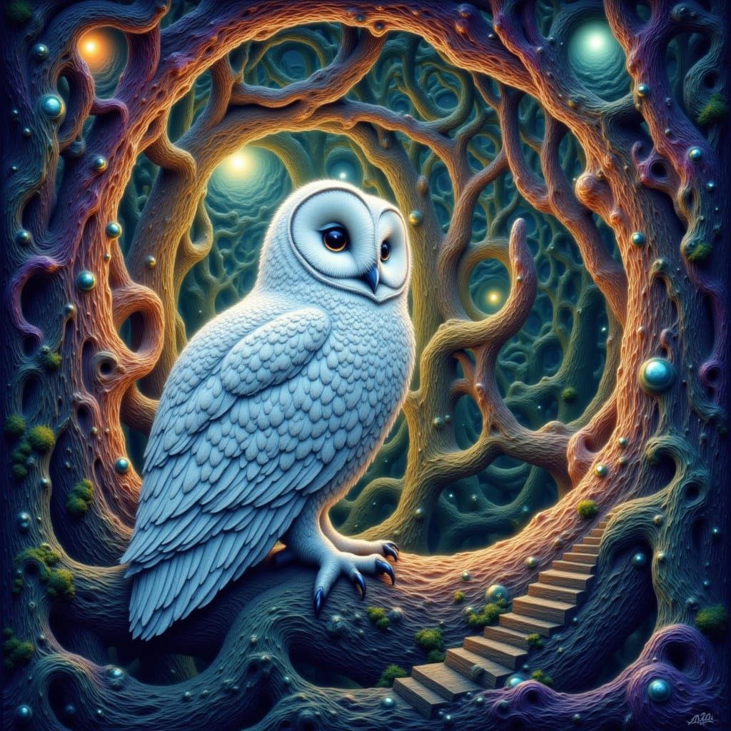 Wise Owl in Escher-Inspired Enchanted Forest