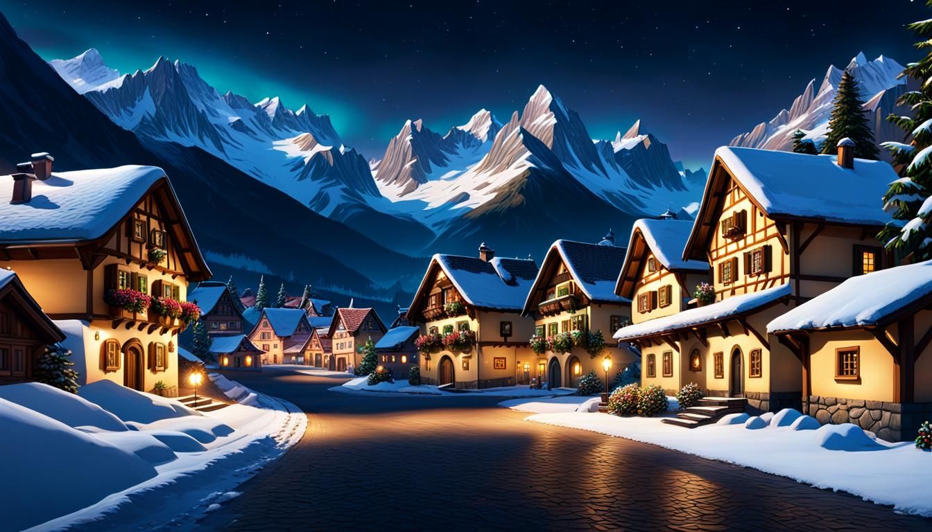 Snowy Bavarian Village at Night: Hyperrealistic Concept Art