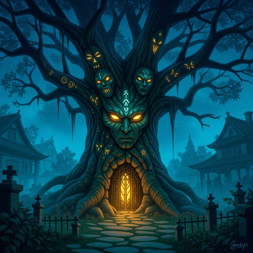 Magical Haunted Balete Tree with Runes in Anime Style