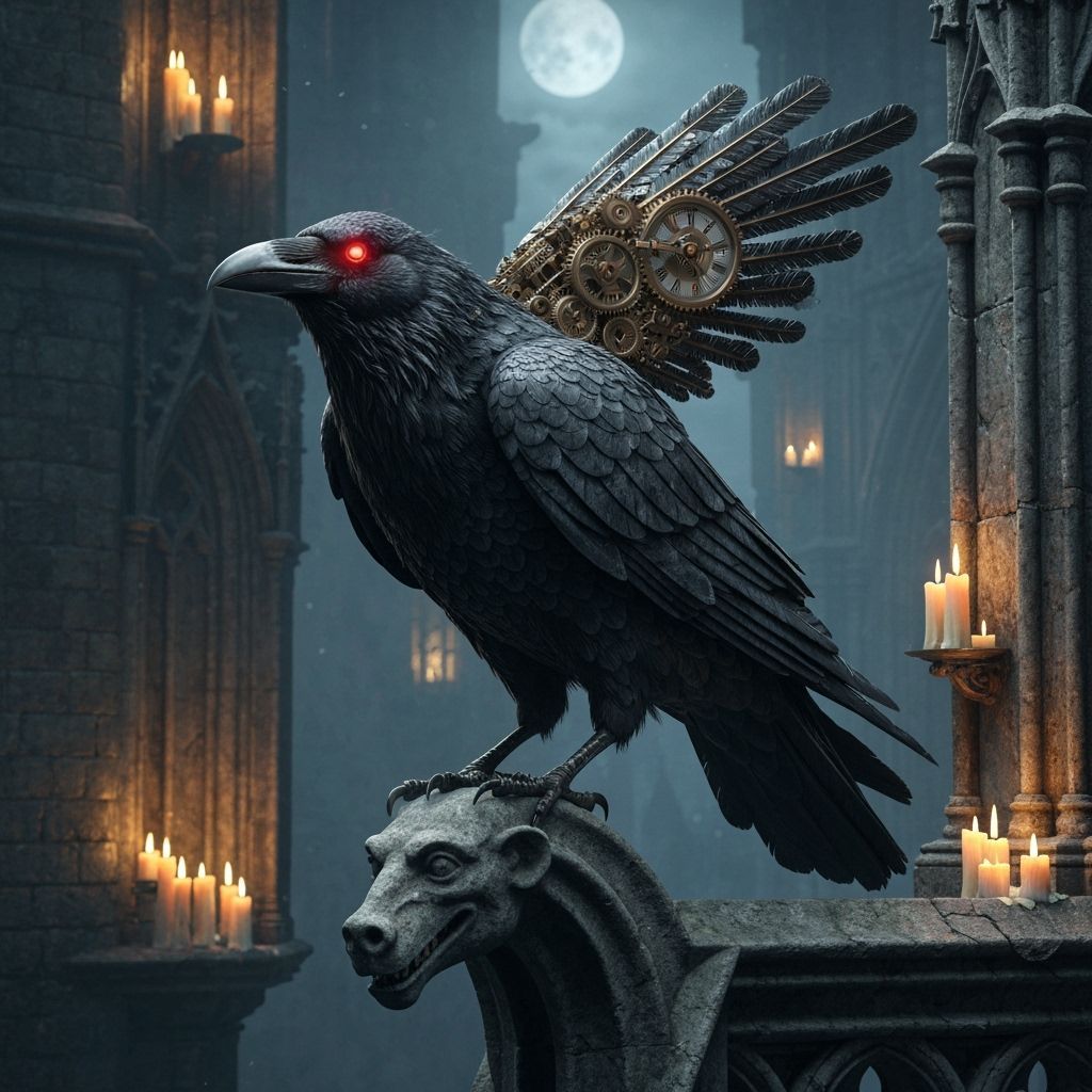 Gothic Clockwork Raven Perched on Crumbling Cathedral
